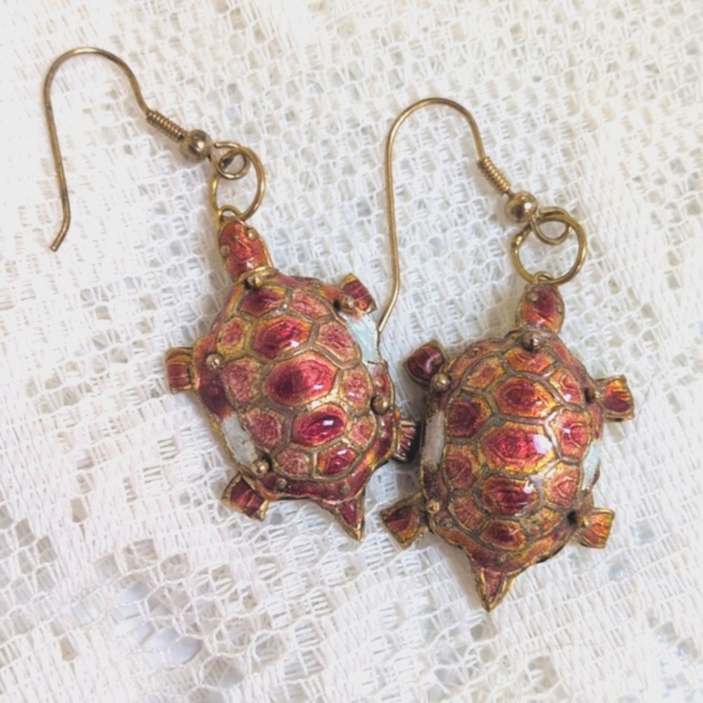 Vintage Cloisonne Articulated Turtles Red Gold Enamel Earrings